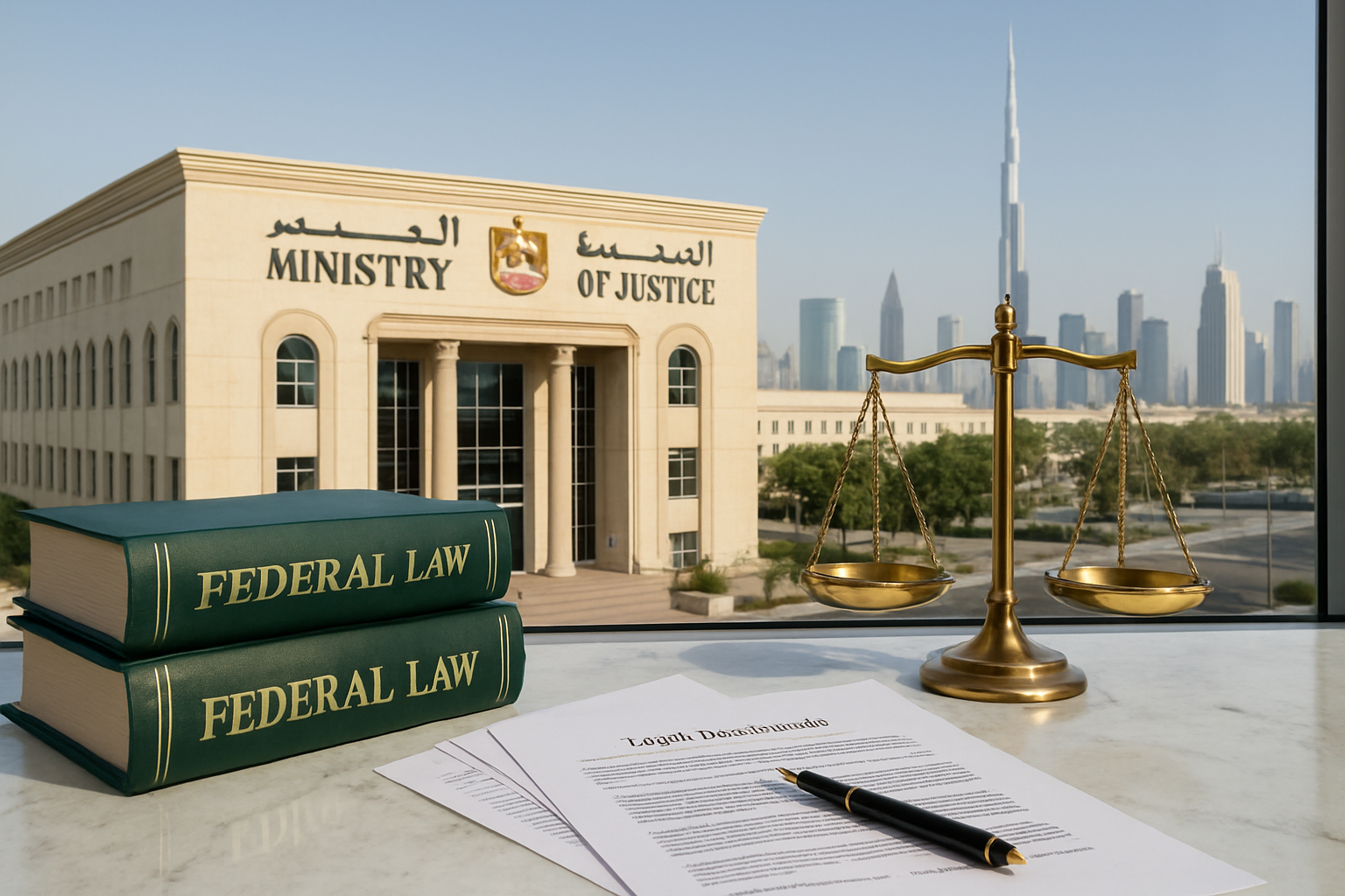 Legal books and courthouse exterior for UAE extradition law